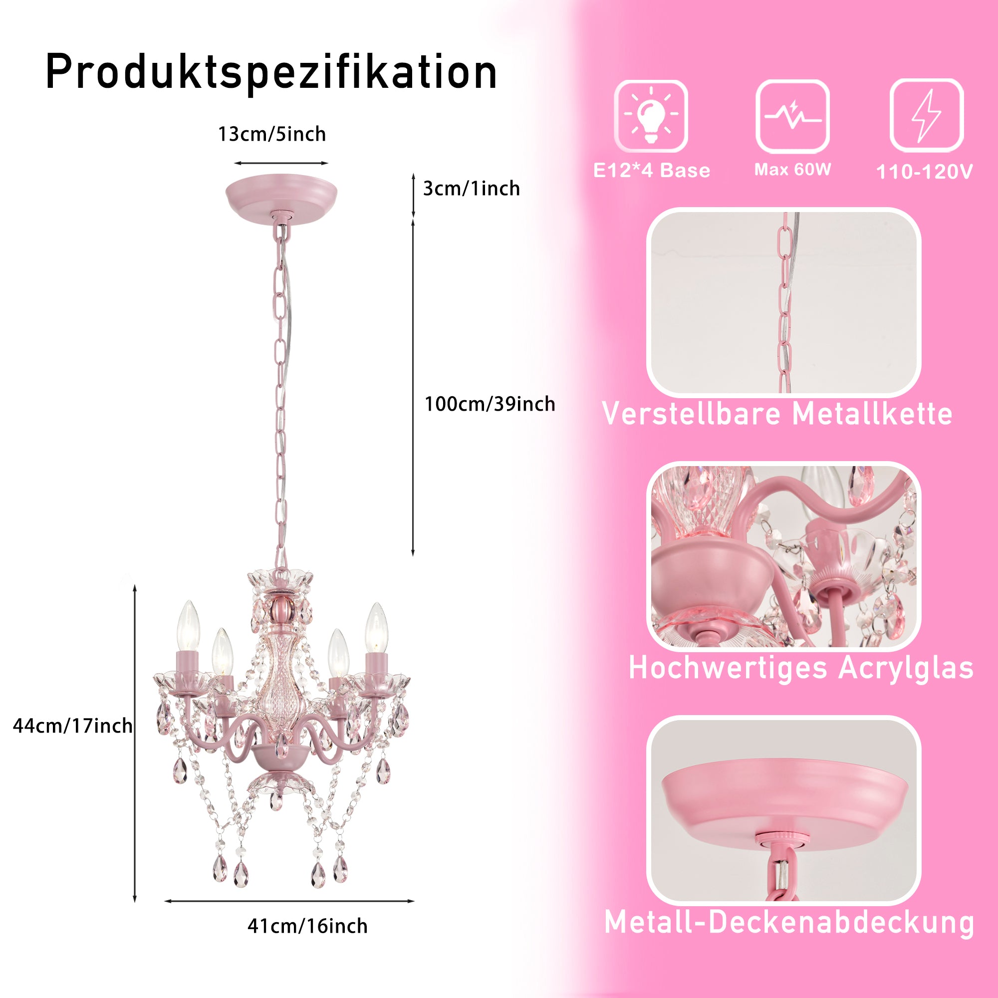 4-Light Acrylic Crystal Chandelier with Adjustable Chain