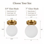 Opal Glass Globe Flush Mount Ceiling Light, Modern Brass Fixture for Bedroom, Kitchen & Entryway
