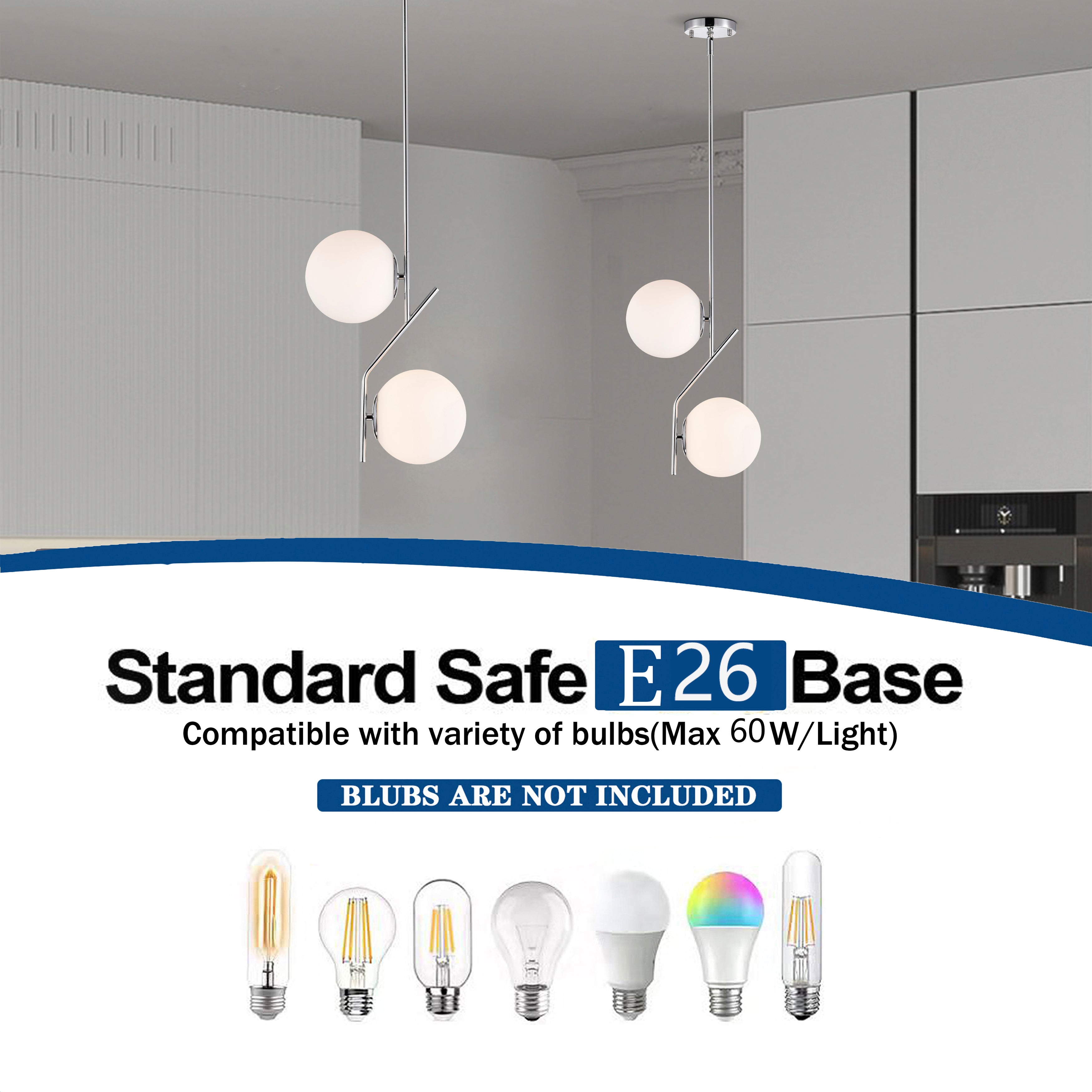 Mid-Century Chrome Globe Pendant Light, Double Opal Glass Pendant for Kitchen Island & Dining Table