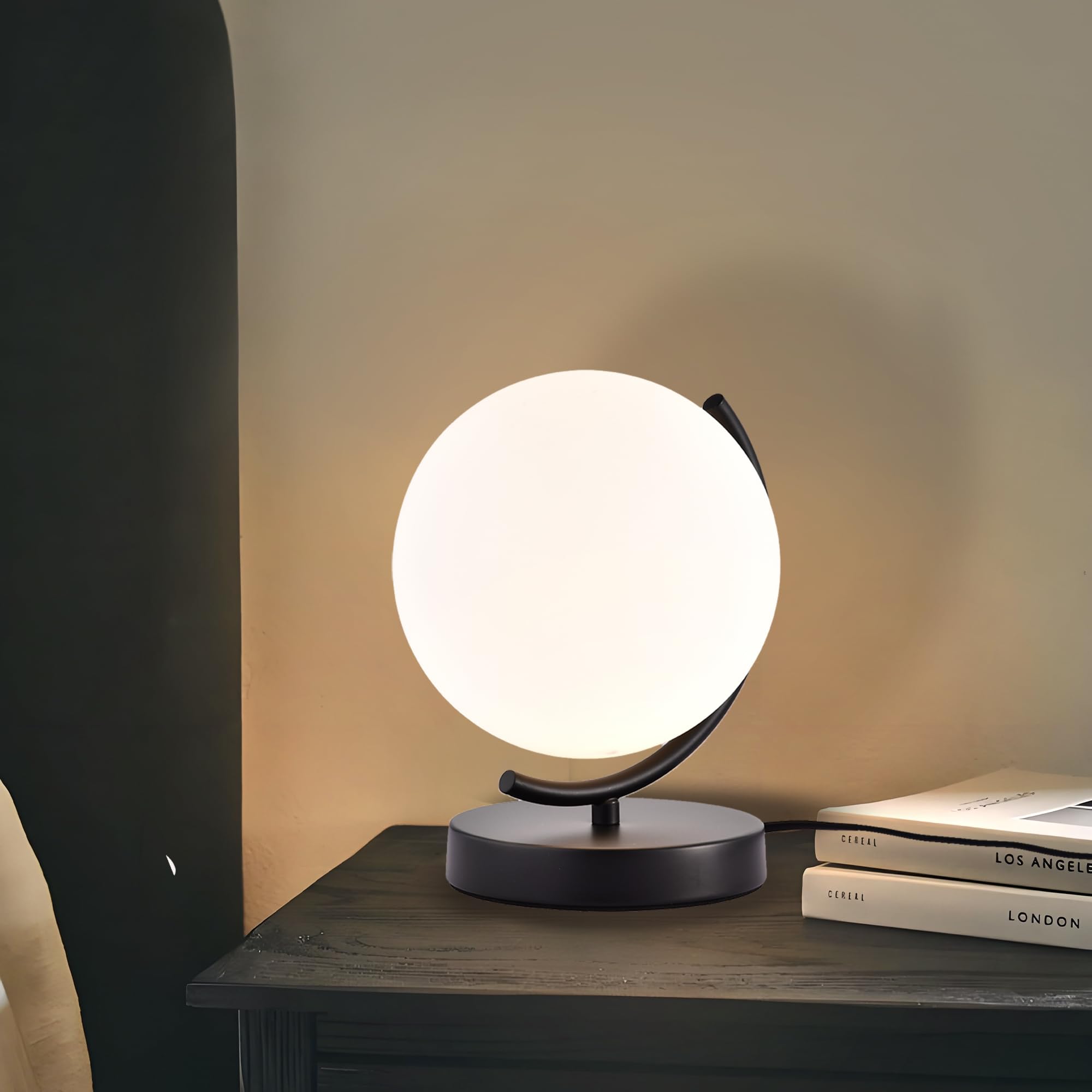 Modern Globe Table Lamp with Glass Shade and Plug-in Switch, E12 Base Bedside Lamp for Bedroom & Living Room