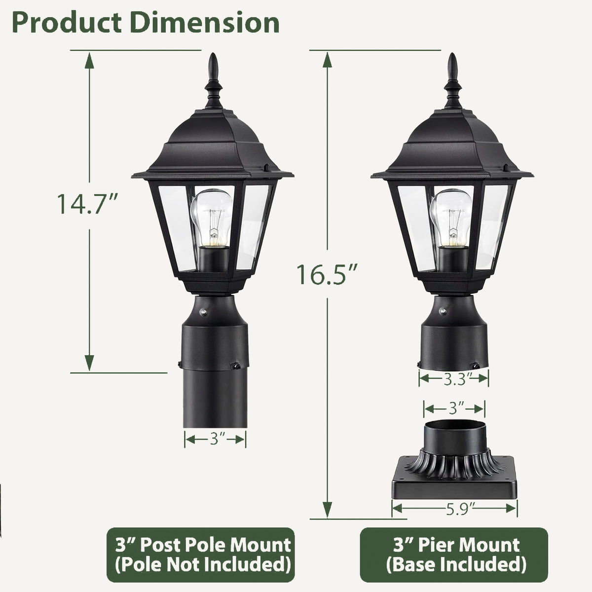 2-Pack Dusk-to-Dawn Outdoor Post Lanterns with Pier Mount Bases, Black