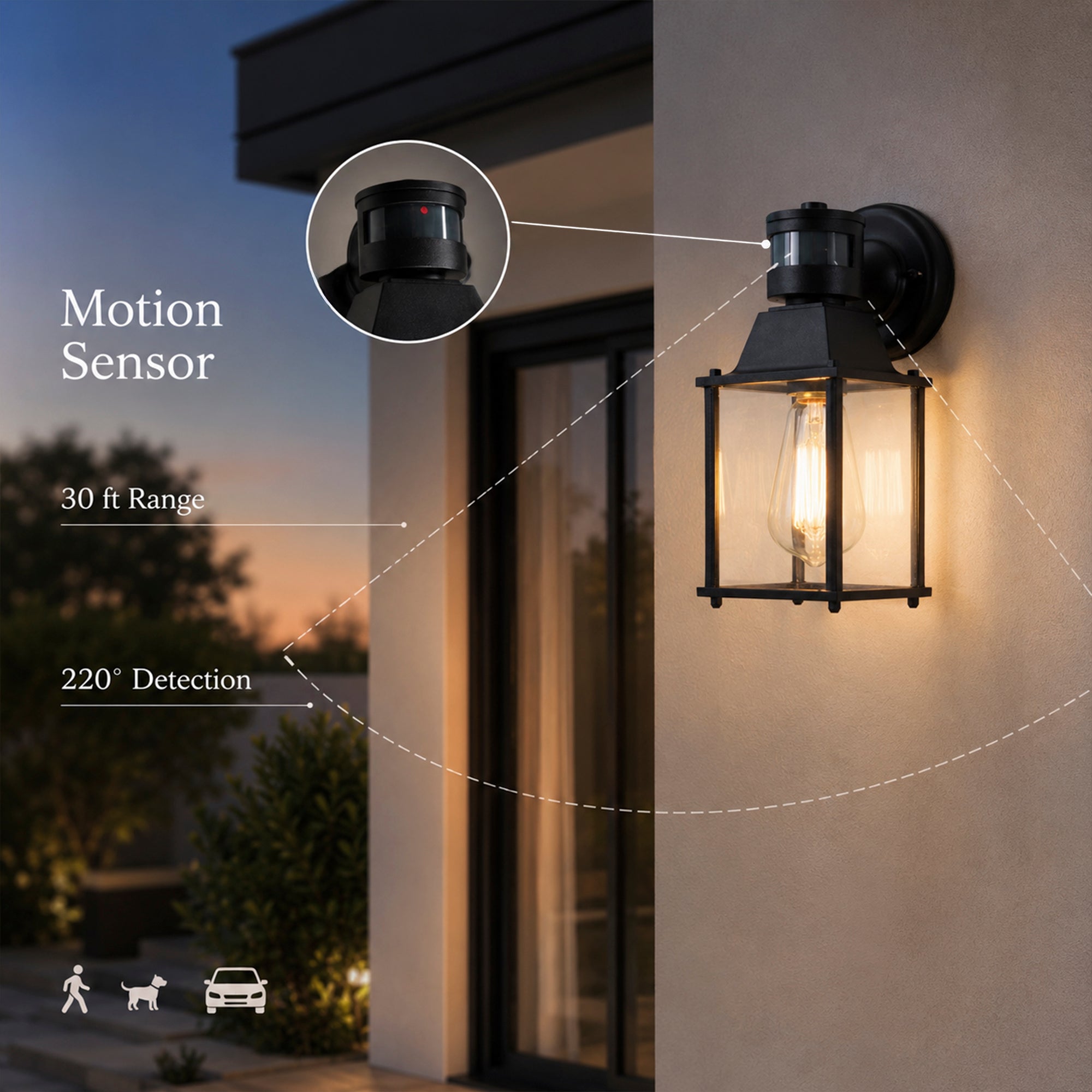 2 Pack Black Motion Sensor Outdoor Wall Lights, E26 Porch & Garage Lanterns