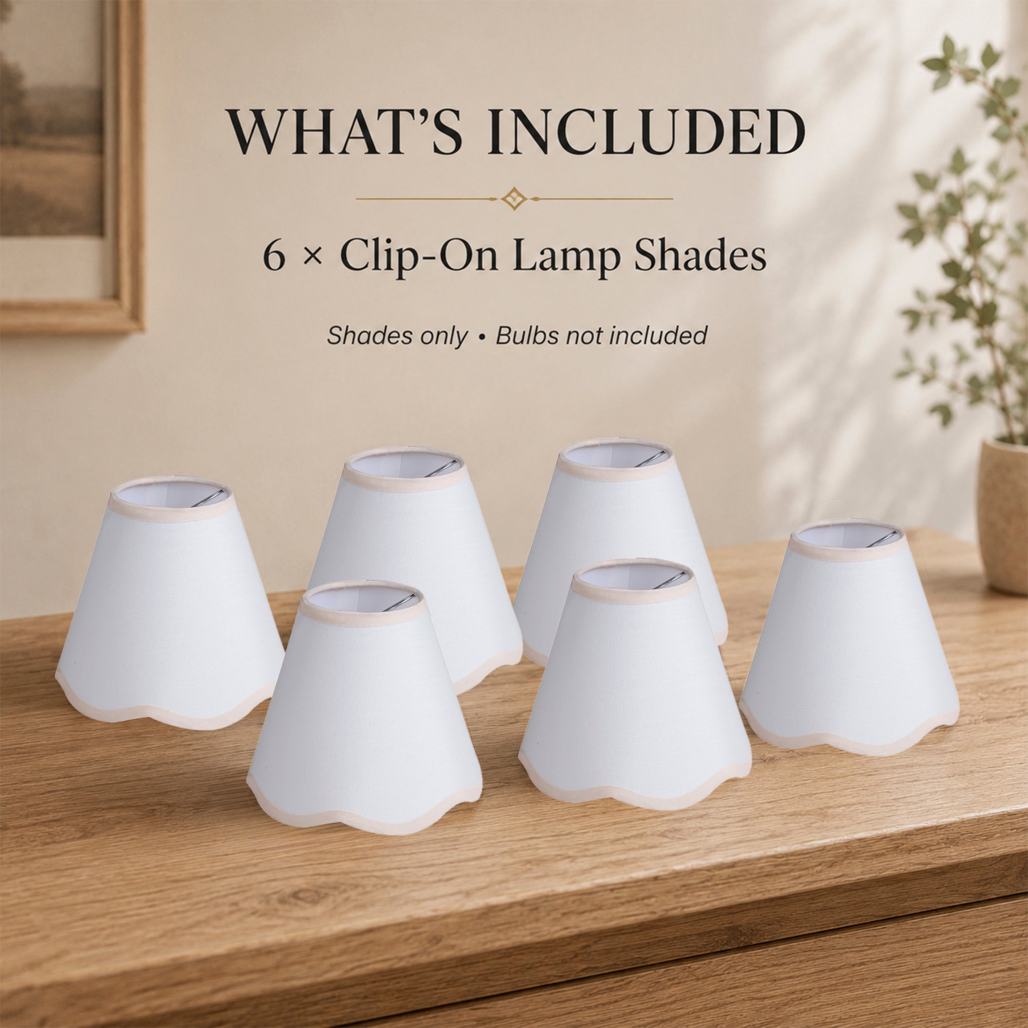 6-Pack Clip-On Fabric Lamp Shades for E12 Candelabra Bulbs, Scalloped Edge