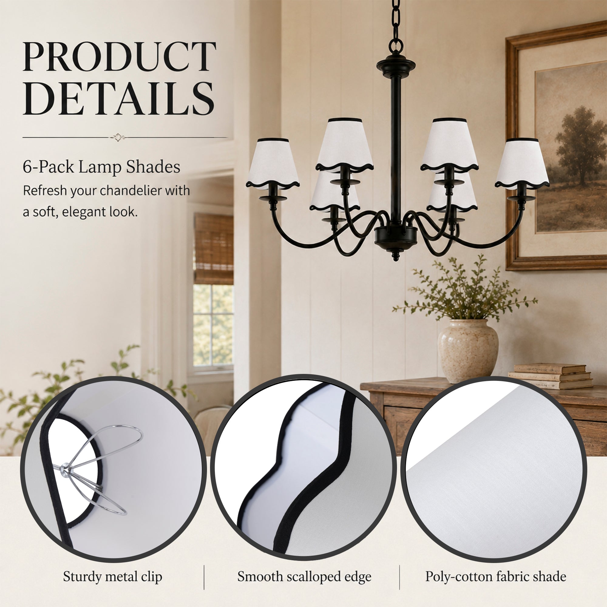 6-Pack Clip-On Fabric Lamp Shades for E12 Candelabra Bulbs, Scalloped Edge