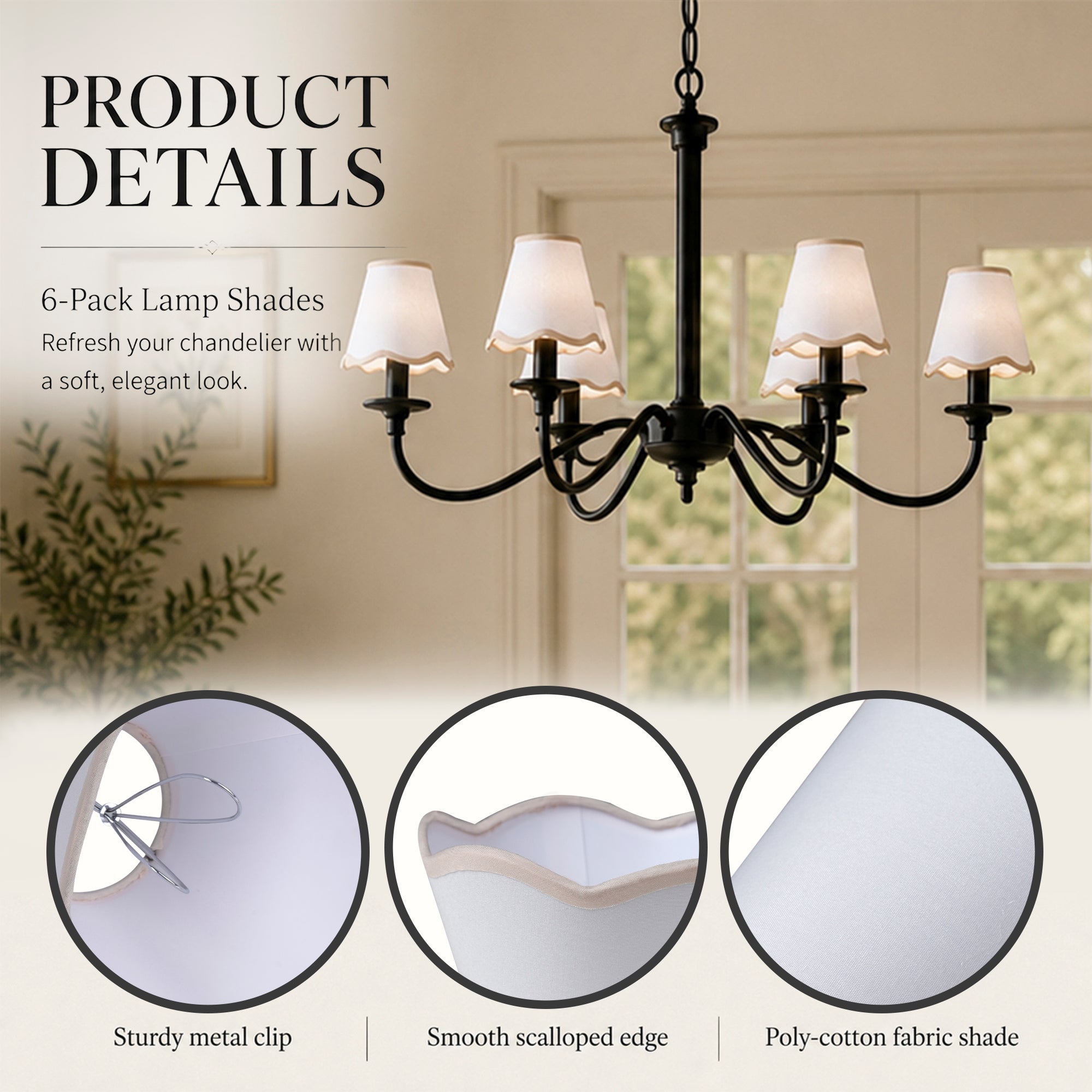 6-Pack Clip-On Fabric Lamp Shades for E12 Candelabra Bulbs, Scalloped Edge