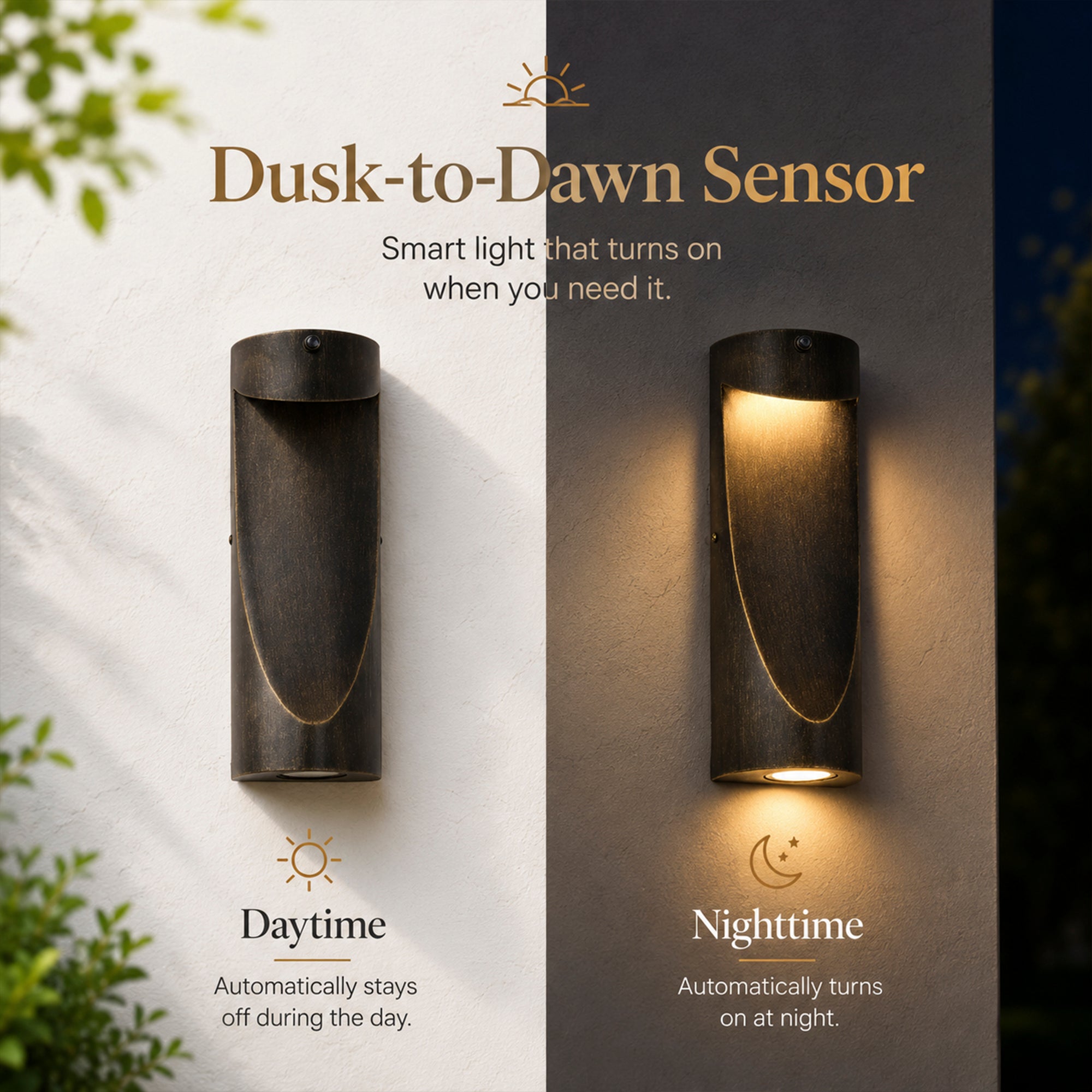 15" Dusk-to-Dawn Integrated LED Outdoor Wall Light, Sand Black & Brushed Gold
