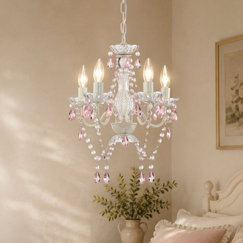 Pink colorful crystal chandelier in a whimsical girls bedroom