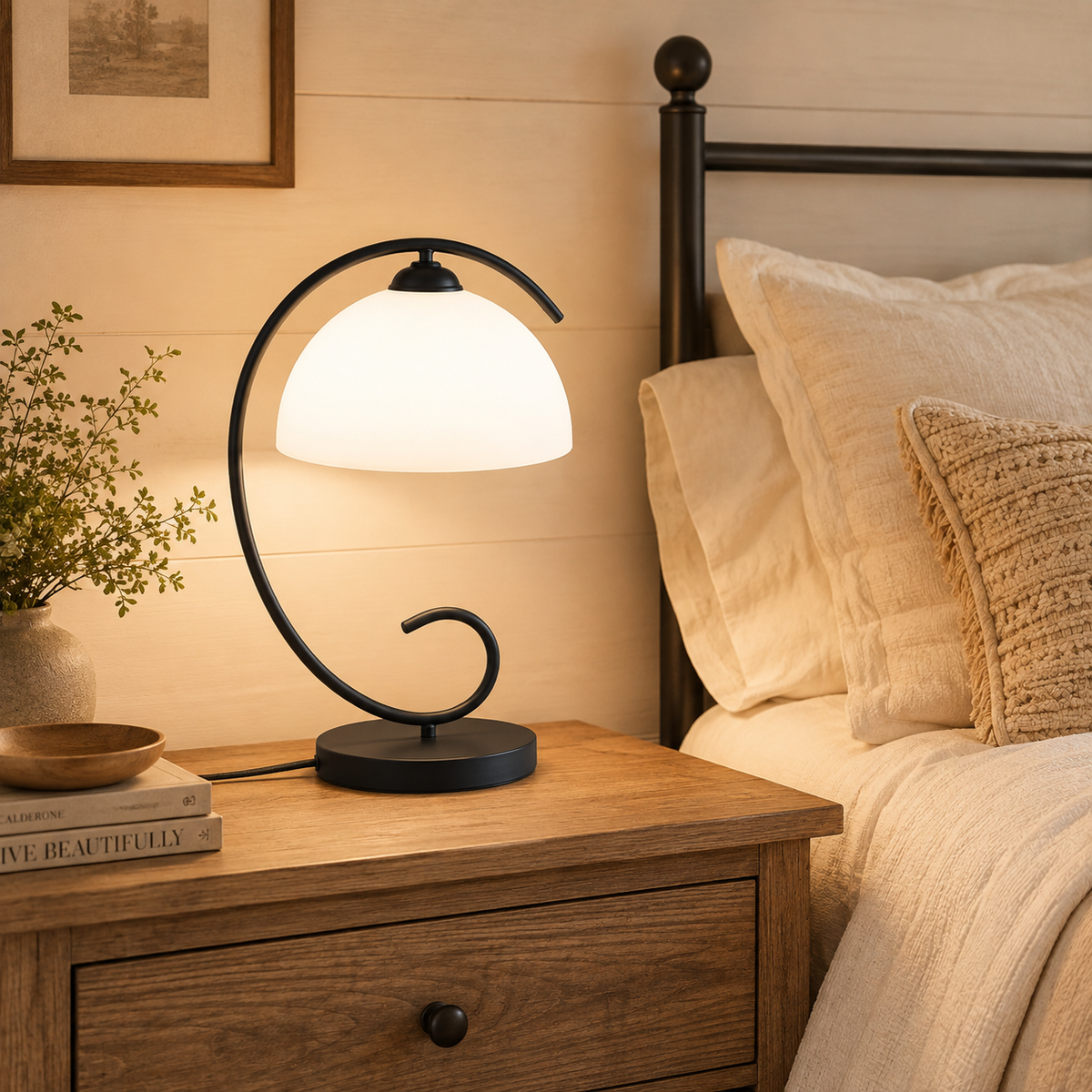 Vintage Black Table Lamp with Frosted Glass Shade, E26 Base Bedside Lamp