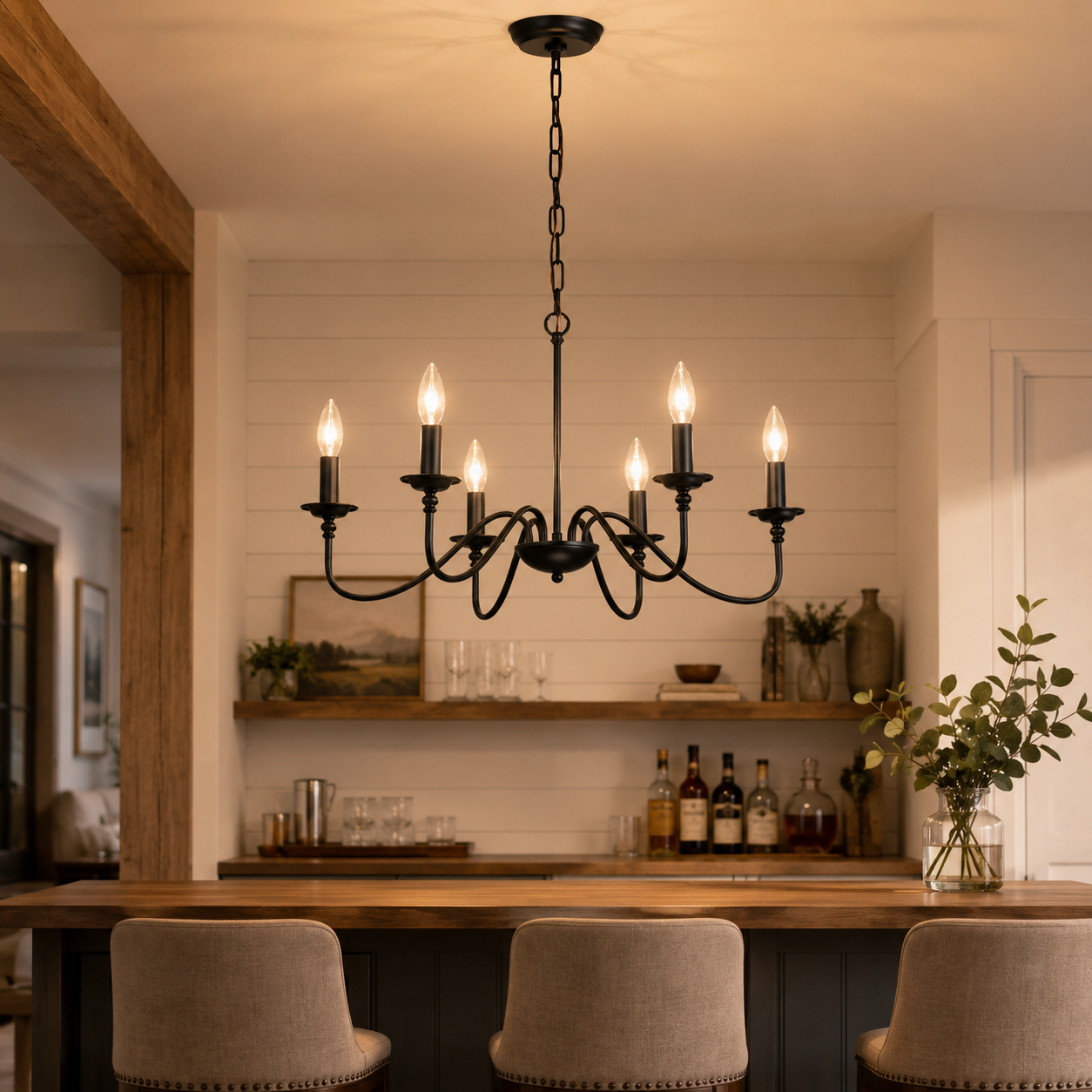6-Light Matte Black Farmhouse Chandelier, E12 Candle Style Hanging Light