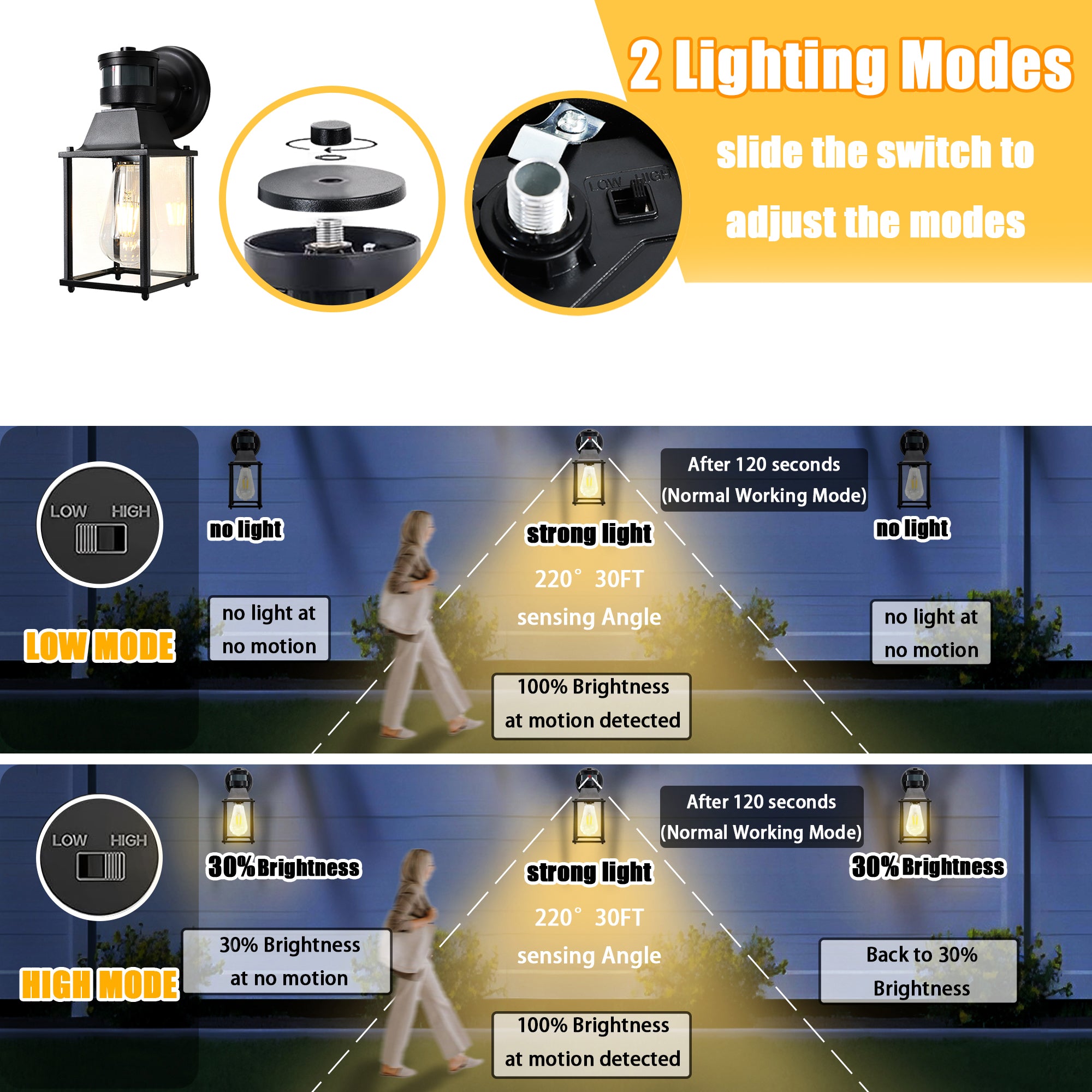 Black Motion Sensor Outdoor Wall Light for Porch, Garage & Entryway