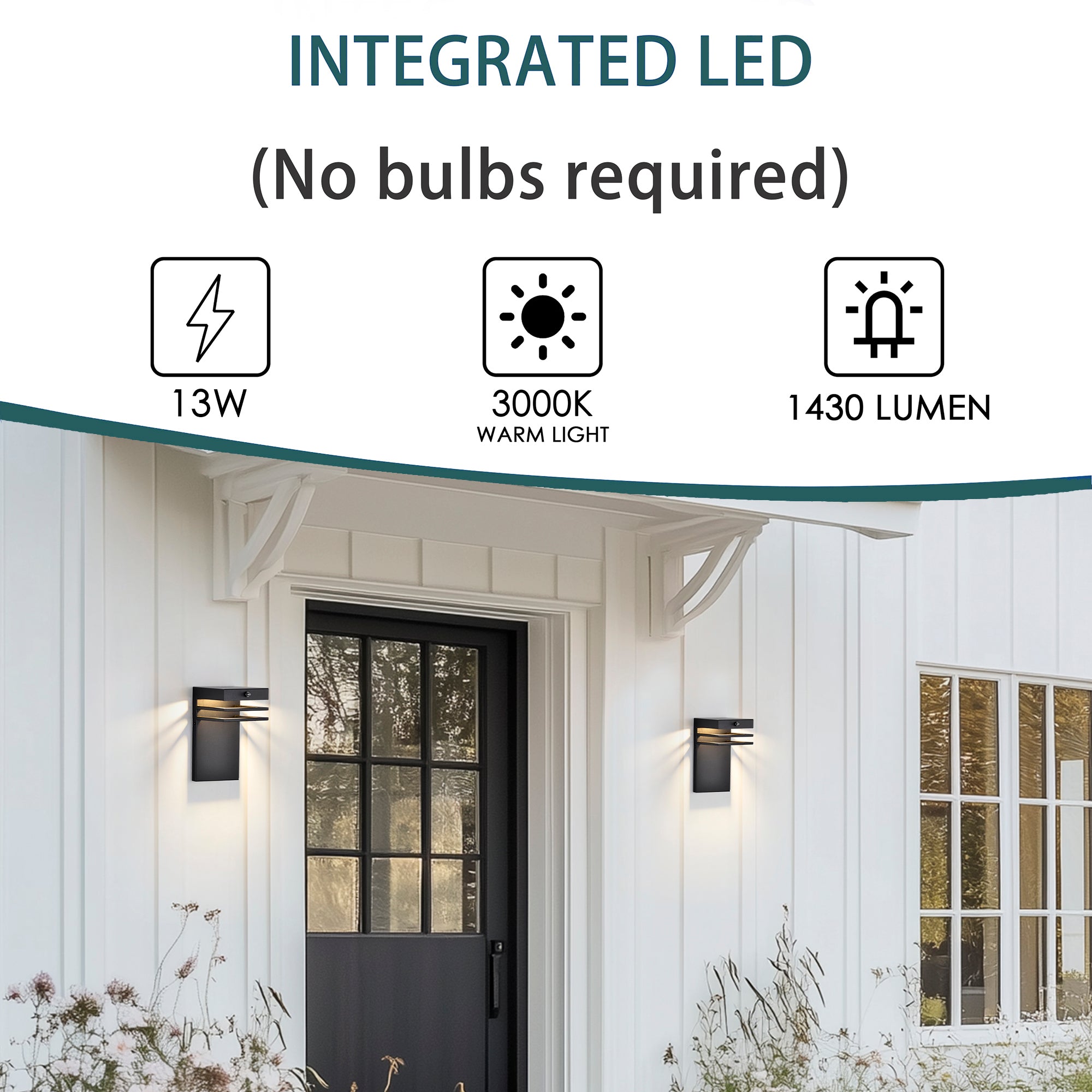 2-Pack Dusk-to-Dawn Integrated LED Outdoor Wall Lights, Black