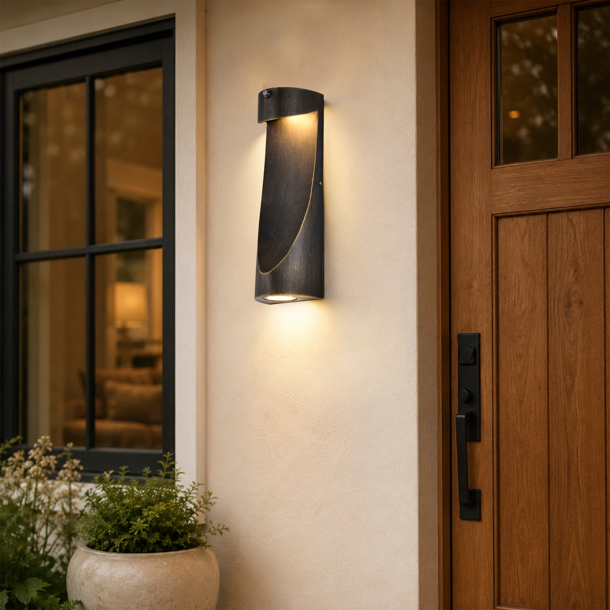 15" Dusk-to-Dawn Integrated LED Outdoor Wall Light, Sand Black & Brushed Gold