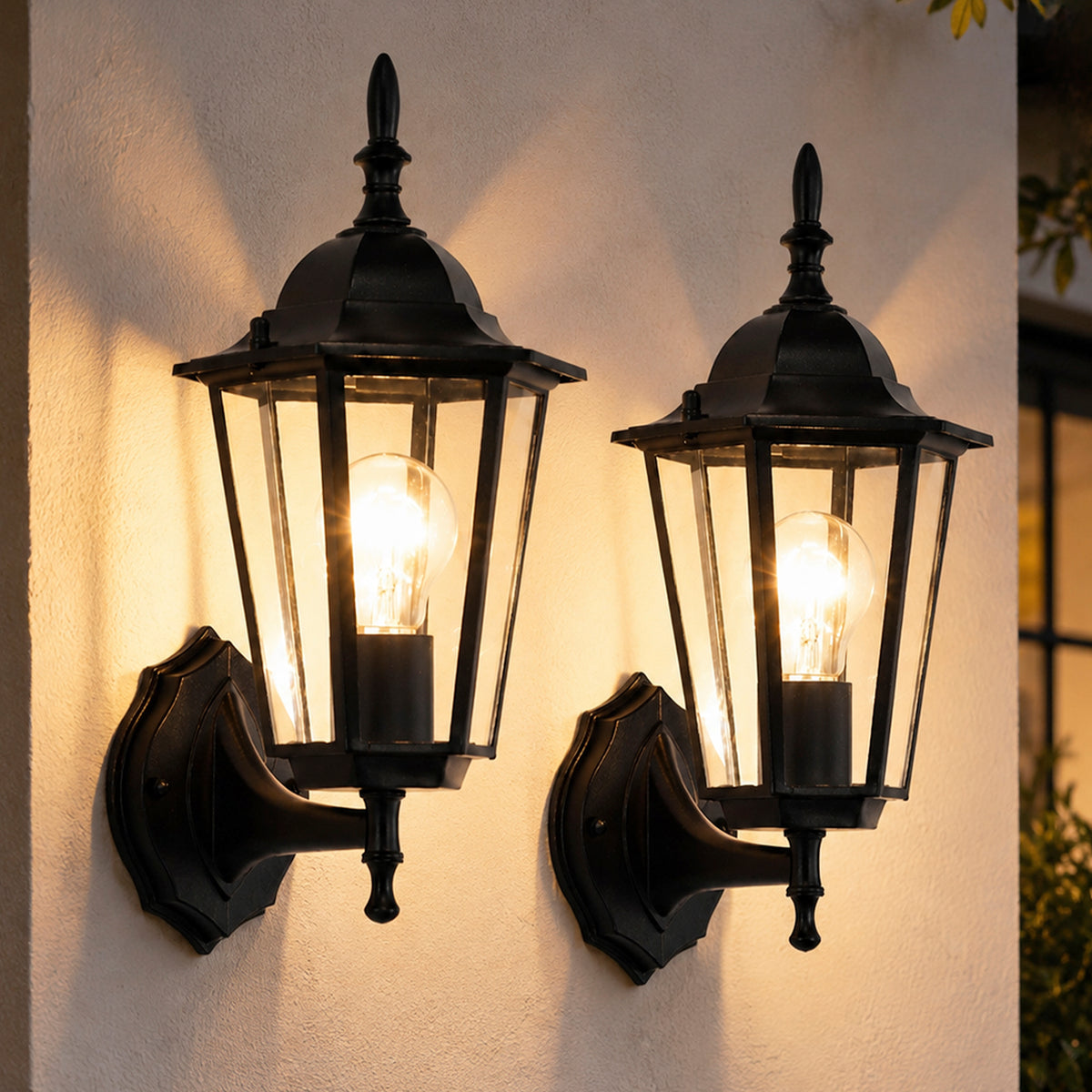 2 Pack Classic Black Outdoor Wall Lanterns with Clear Glass, E26 Hardwired Porch Lights