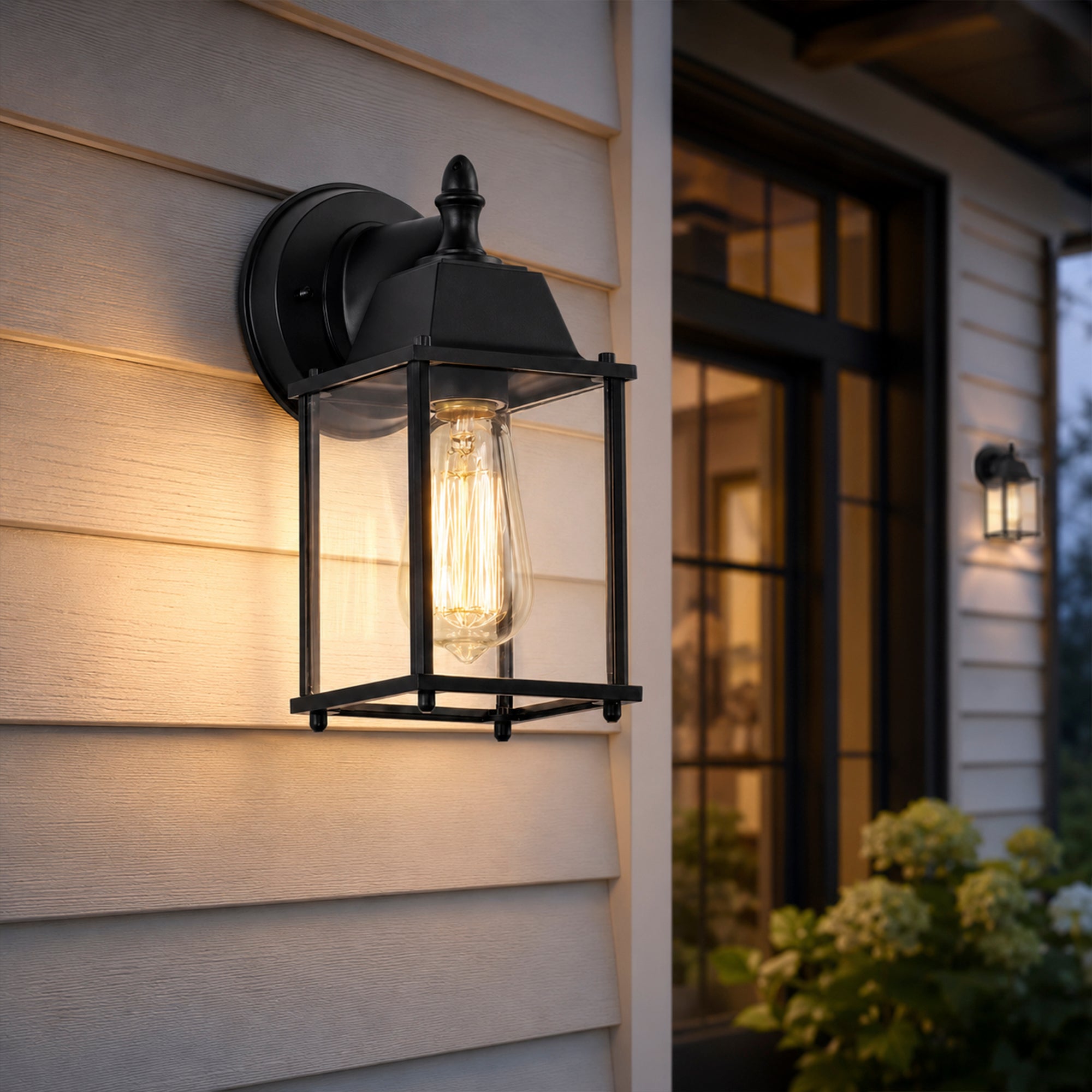 2 Pack Black Outdoor Wall Lanterns with Clear Glass, E26 Hardwired Porch Lights