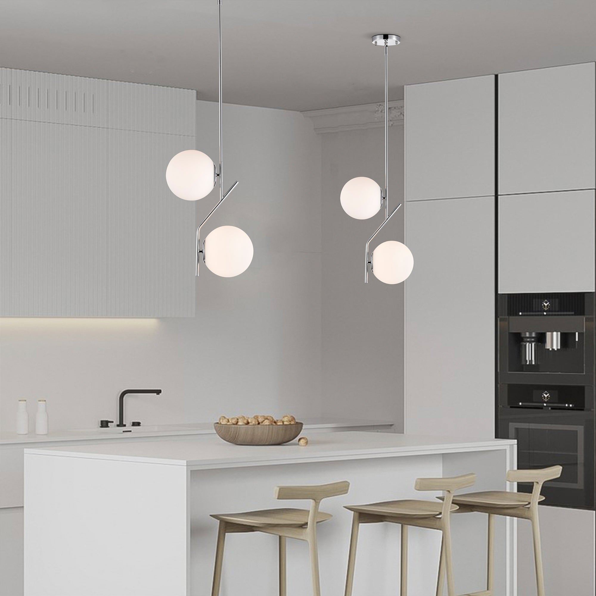 Mid-Century Chrome Globe Pendant Light, Double Opal Glass Pendant for Kitchen Island & Dining Table