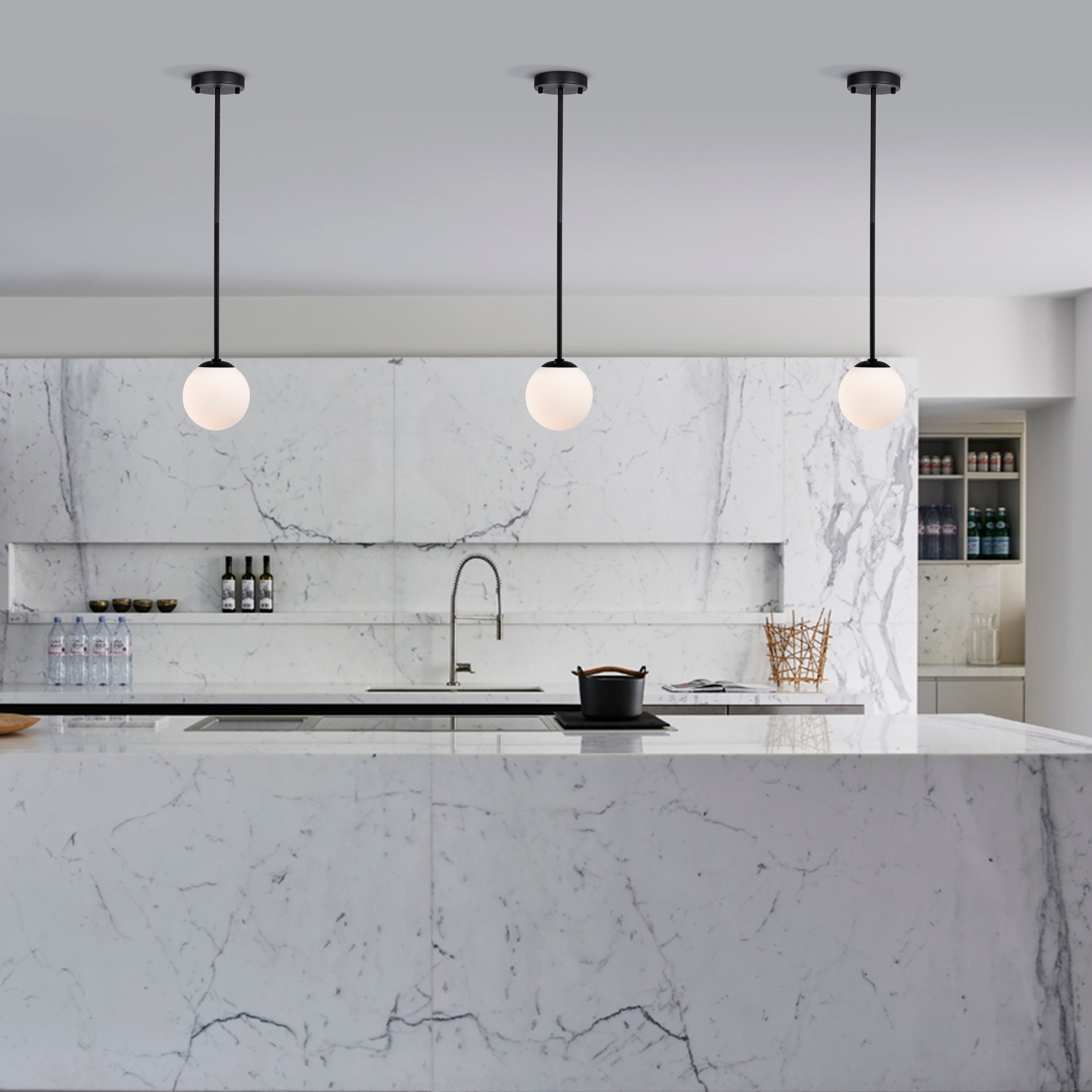 LED Pendant Light Fixture Milk Glass Globe Pendant Light 1-Light Black Pendant Lights Kitchen Island LED