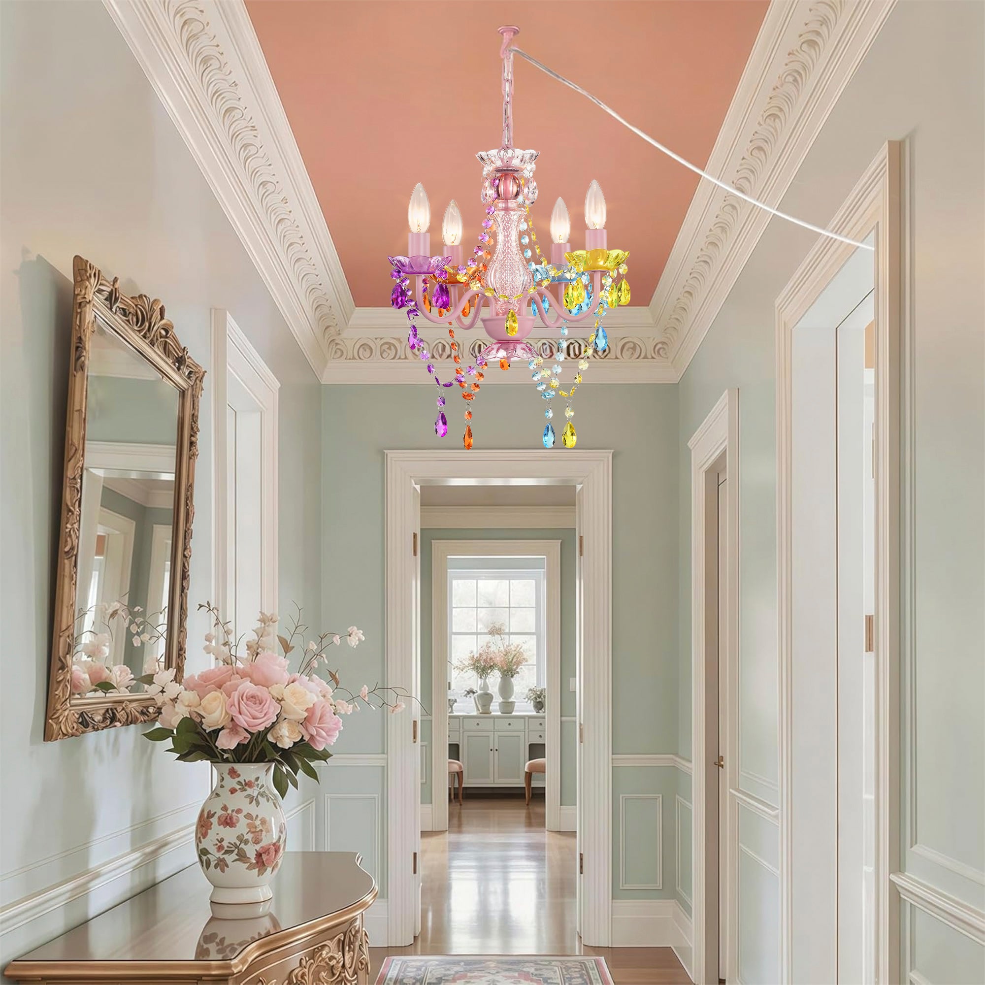 Small Colorful Crystal Chandelier Pendant Light, 4-Light Mini Hanging Ceiling Lamp for Girls Room, Dining Nook & Bedroom
