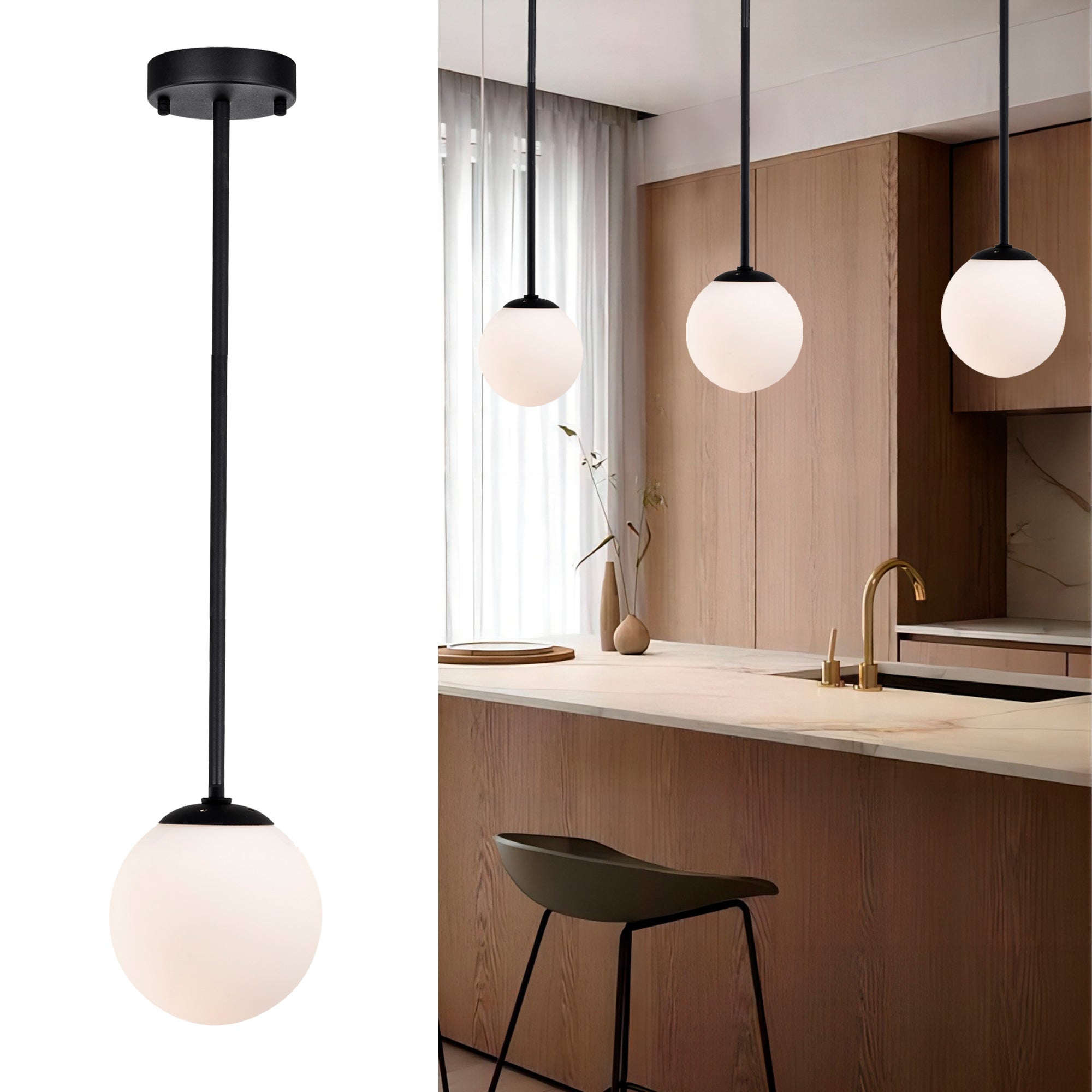 LED Pendant Light Fixture Milk Glass Globe Pendant Light 1-Light Black Pendant Lights Kitchen Island LED