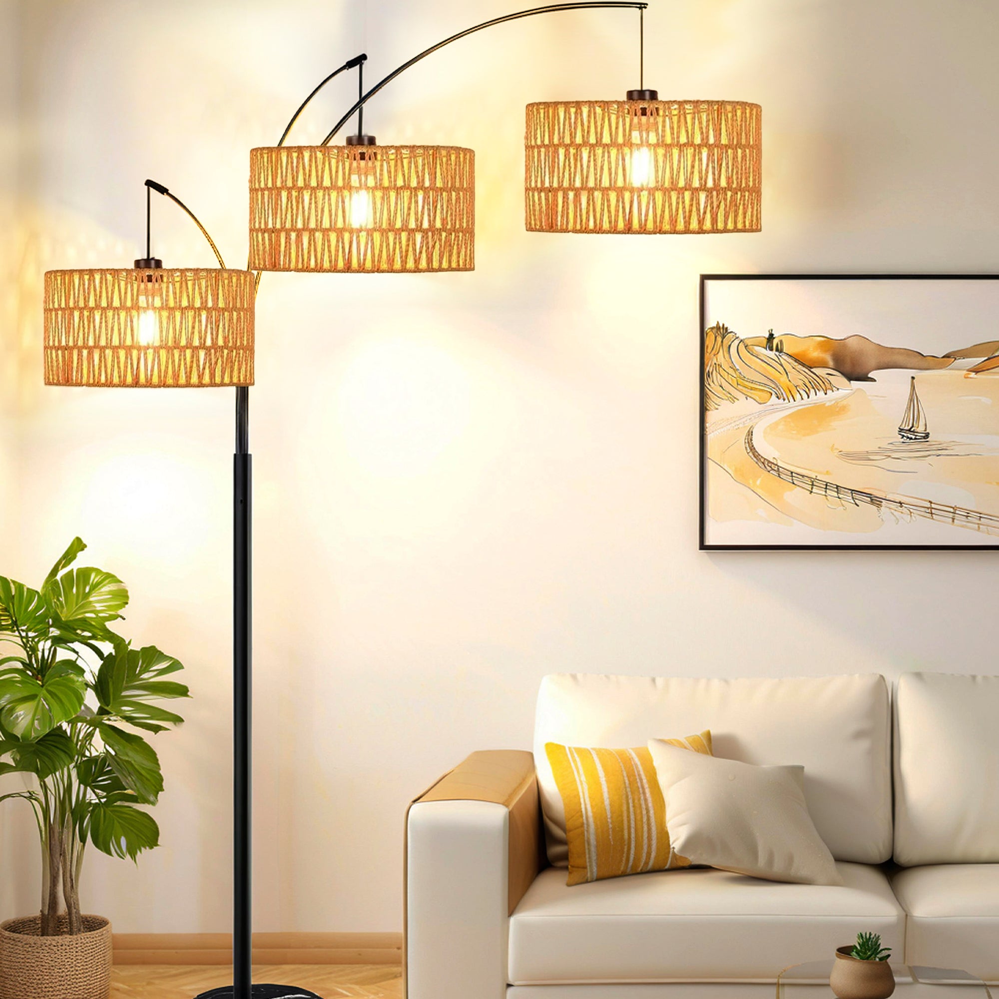 Boho Lamp Shade – Handwoven Hemp Rope Drum Shade, 12.4" x 6.7", Brown Light Cover for E26 Sockets with Fixing Ring – Rustic Light Shade for Pendant, Ceiling, or Floor Lamps