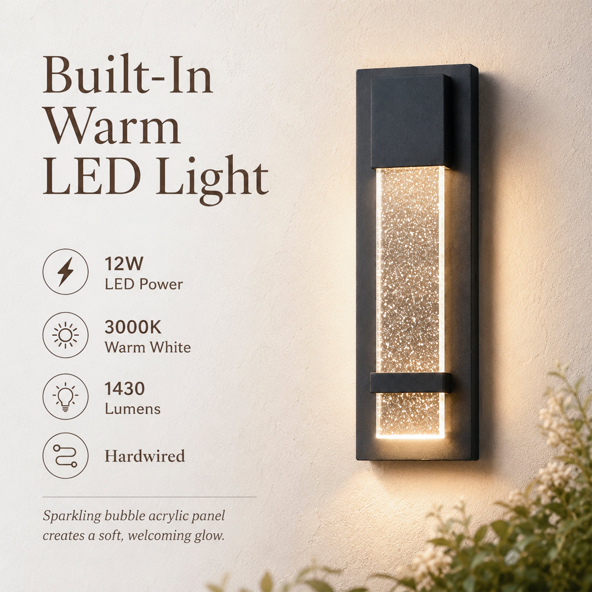 Integrated LED Outdoor Wall Light, Black Textured Glass Exterior Sconce, 3000K Warm White