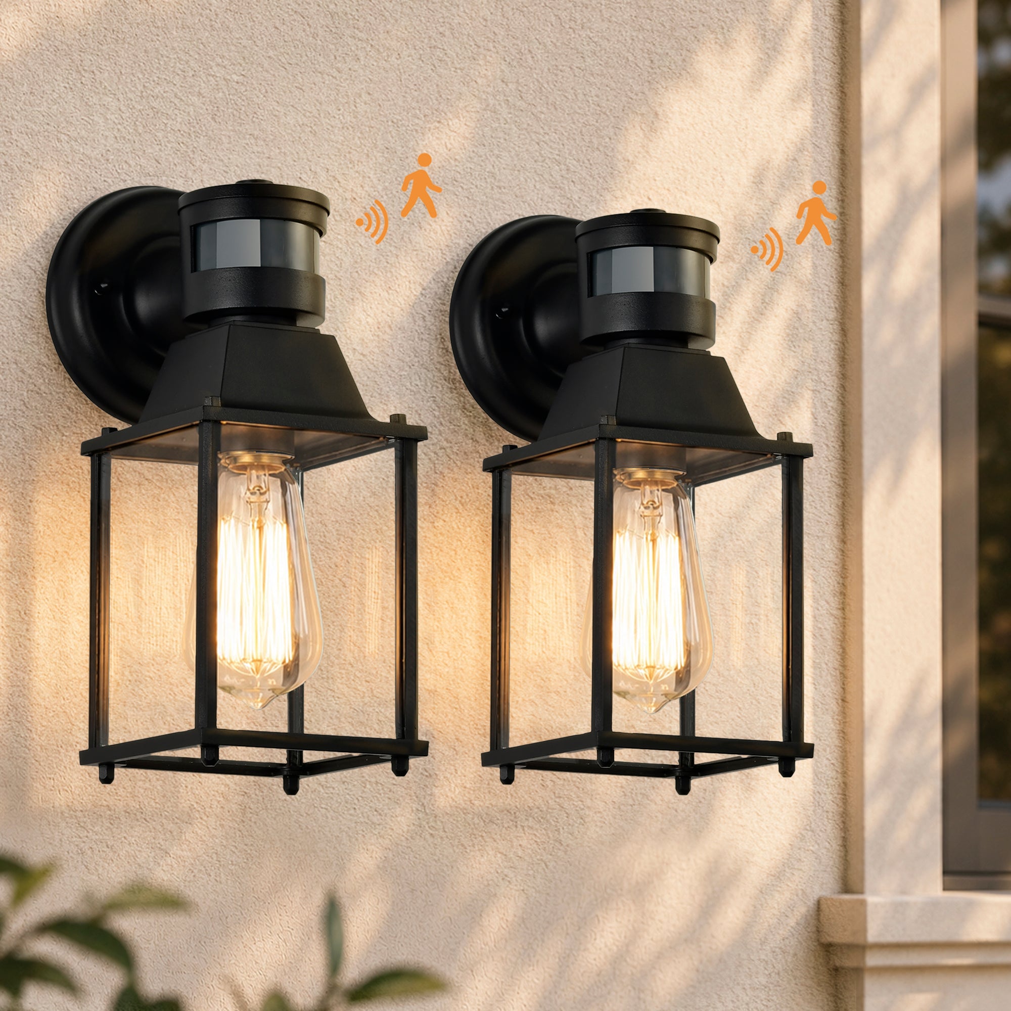 2 Pack Black Motion Sensor Outdoor Wall Lights, E26 Porch & Garage Lanterns