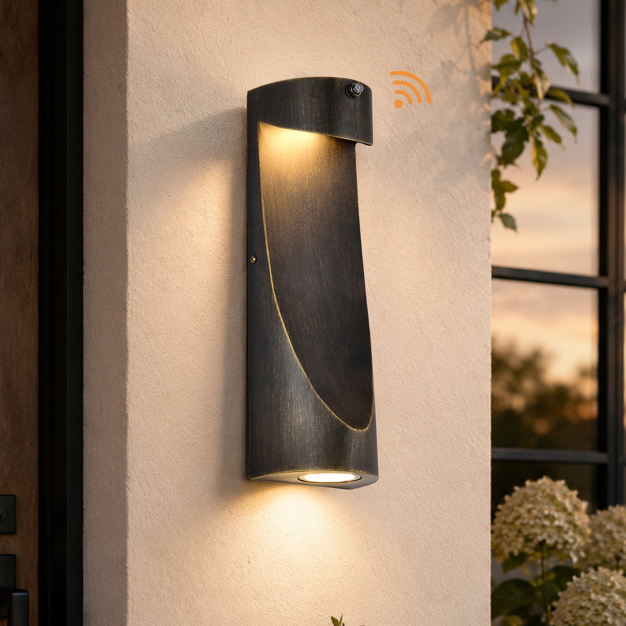 15" Dusk-to-Dawn Integrated LED Outdoor Wall Light, Sand Black & Brushed Gold