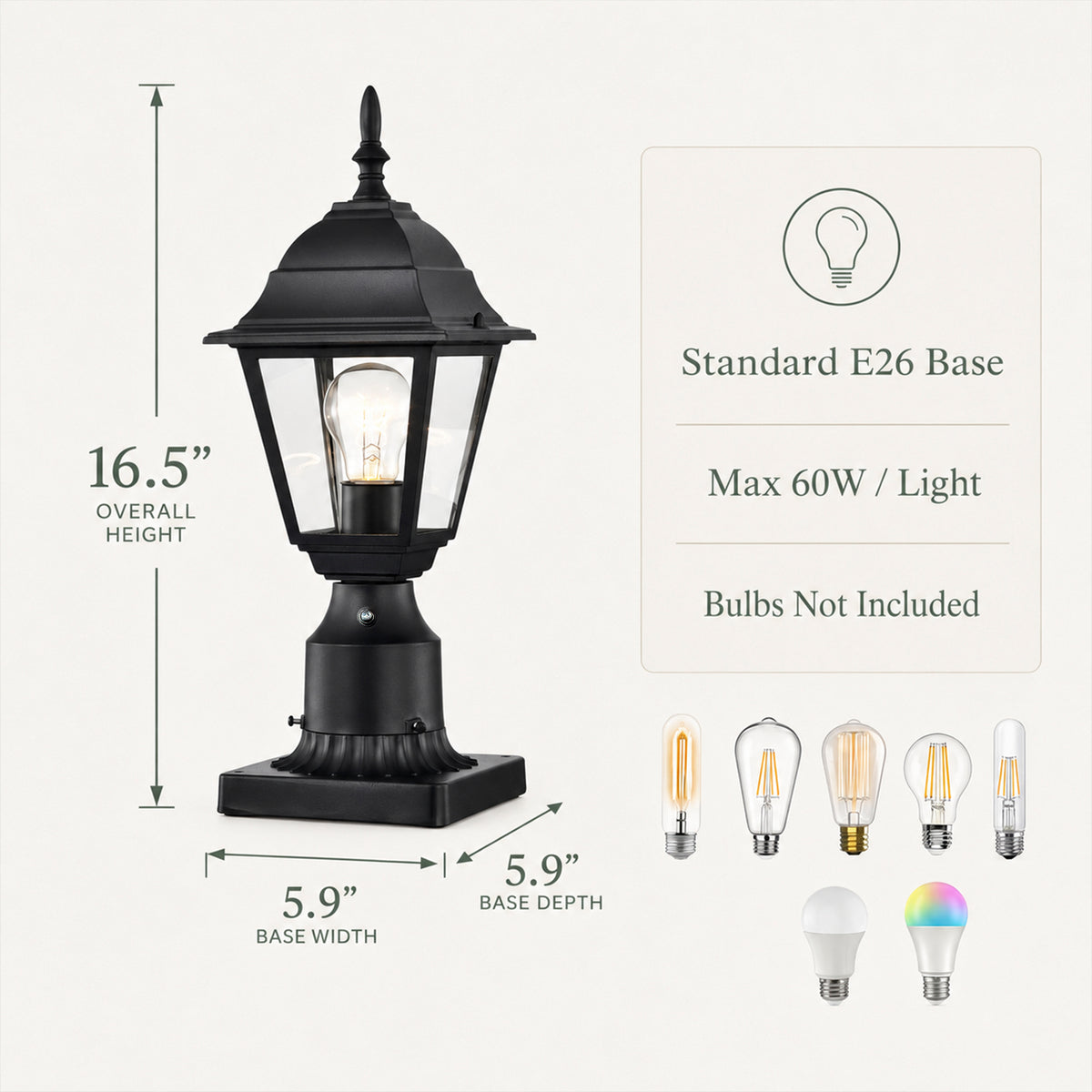 2-Pack Dusk-to-Dawn Outdoor Post Lanterns with Pier Mount Bases, Black
