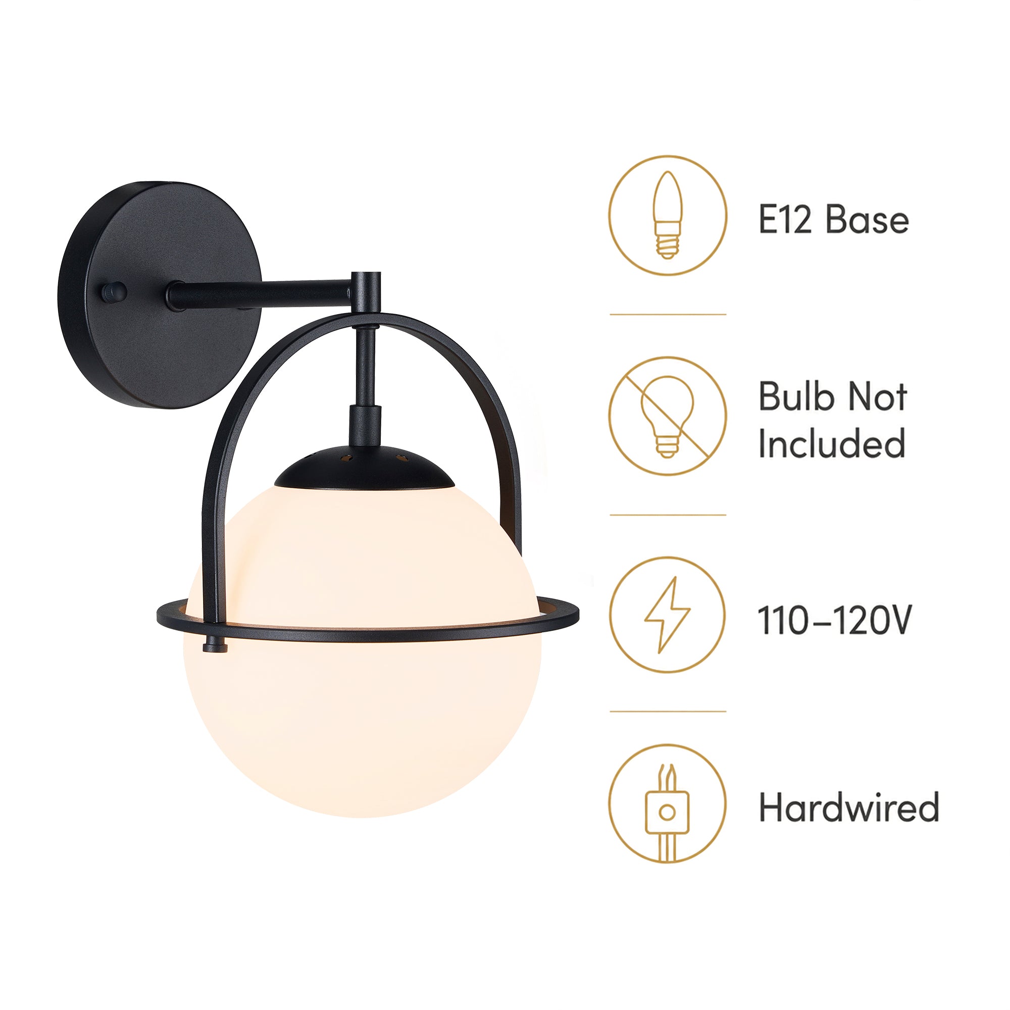 Modern Globe Wall Sconce with Opal Glass, E12 Indoor Wall Light