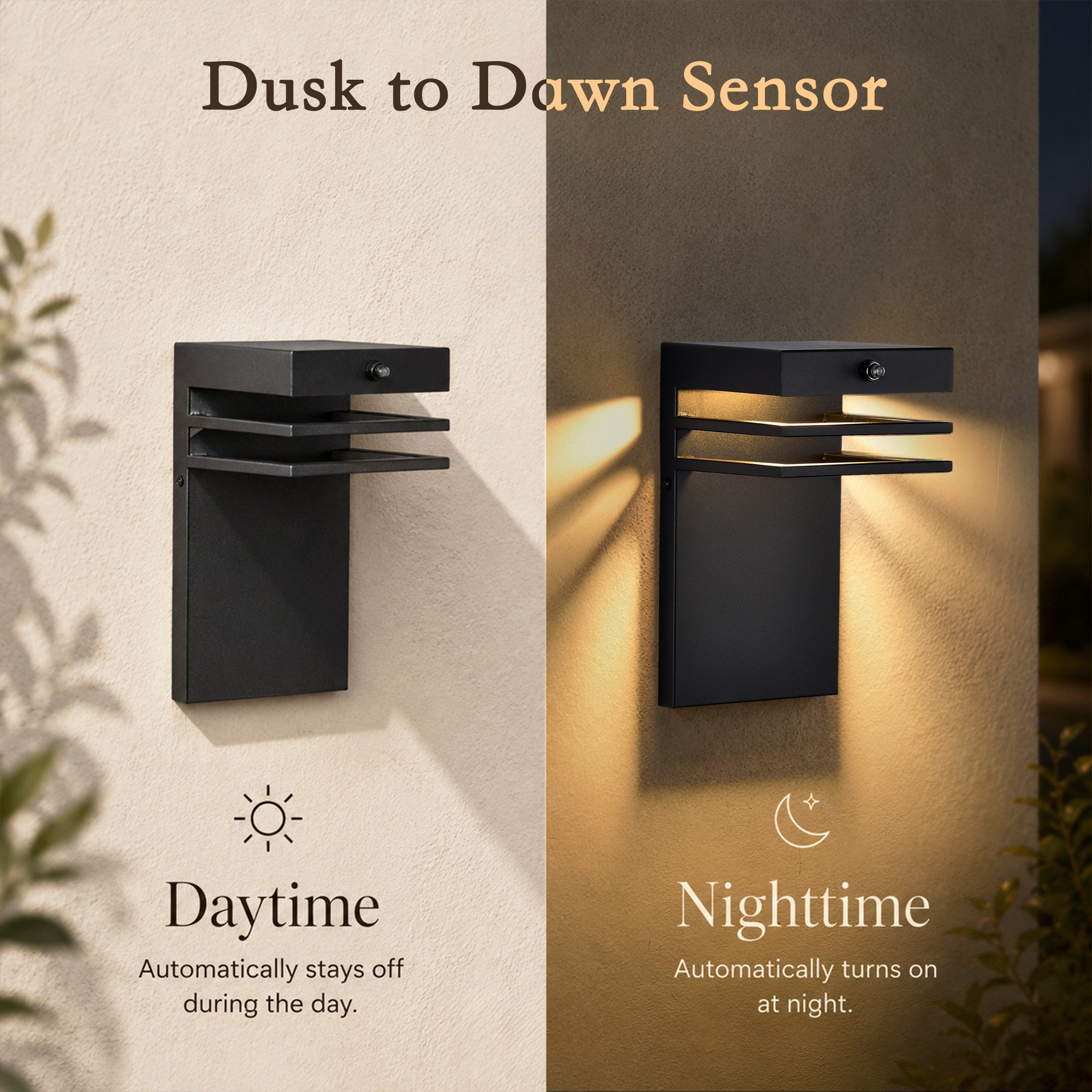 2-Pack Dusk-to-Dawn Integrated LED Outdoor Wall Lights, Black