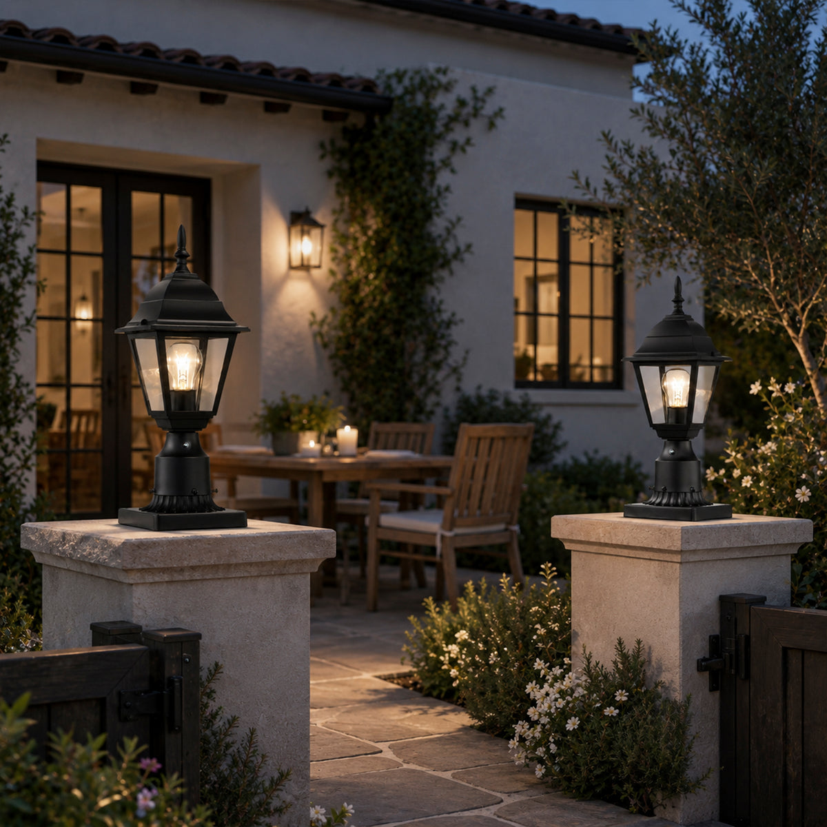2-Pack Dusk-to-Dawn Outdoor Post Lanterns with Pier Mount Bases, Black