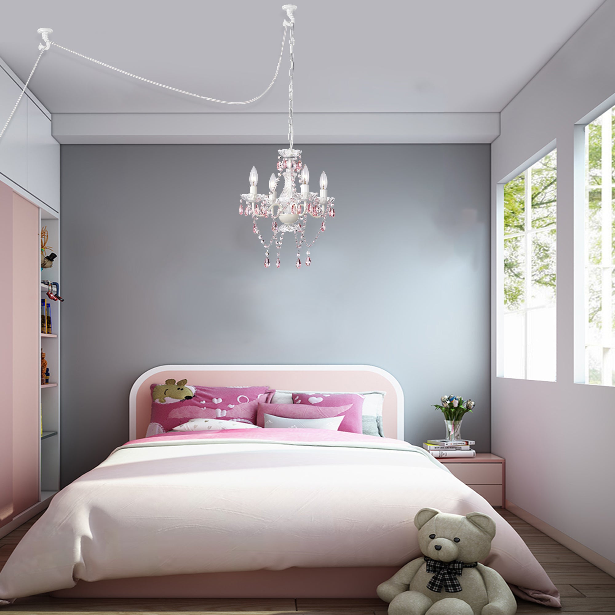 Plug In Chandelier Modern White and Pink Crystal Chandelier 4-Light