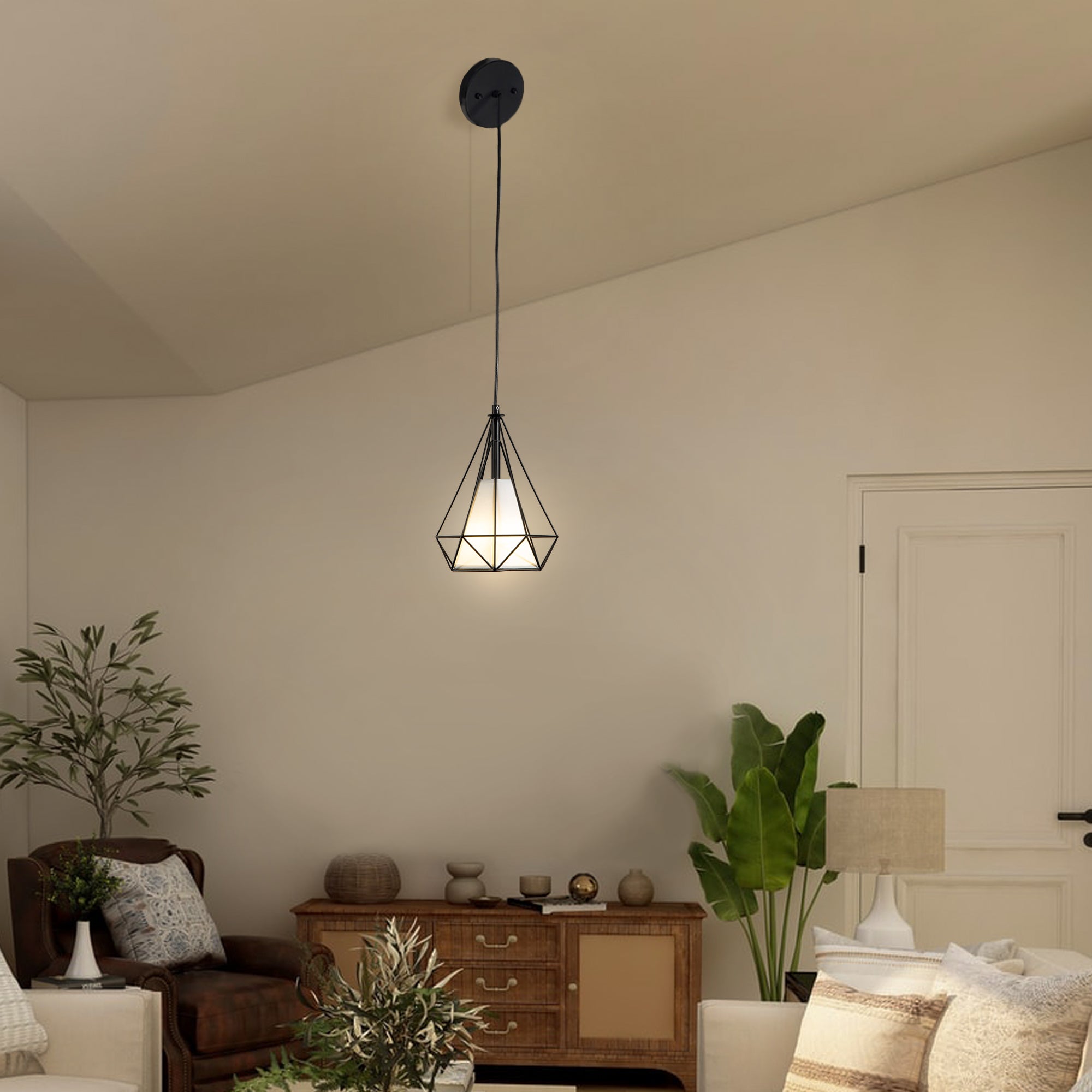 Farmhouse Black Pendant Light Fixtures with White Fabric Shade 2 pack